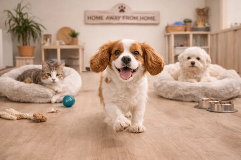Pets relaxing together in a cozy boarding space