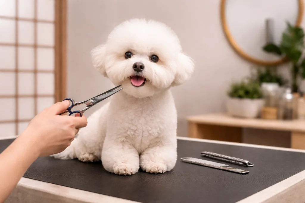 A fluffy dog styled with a rounded Asian-inspired haircut