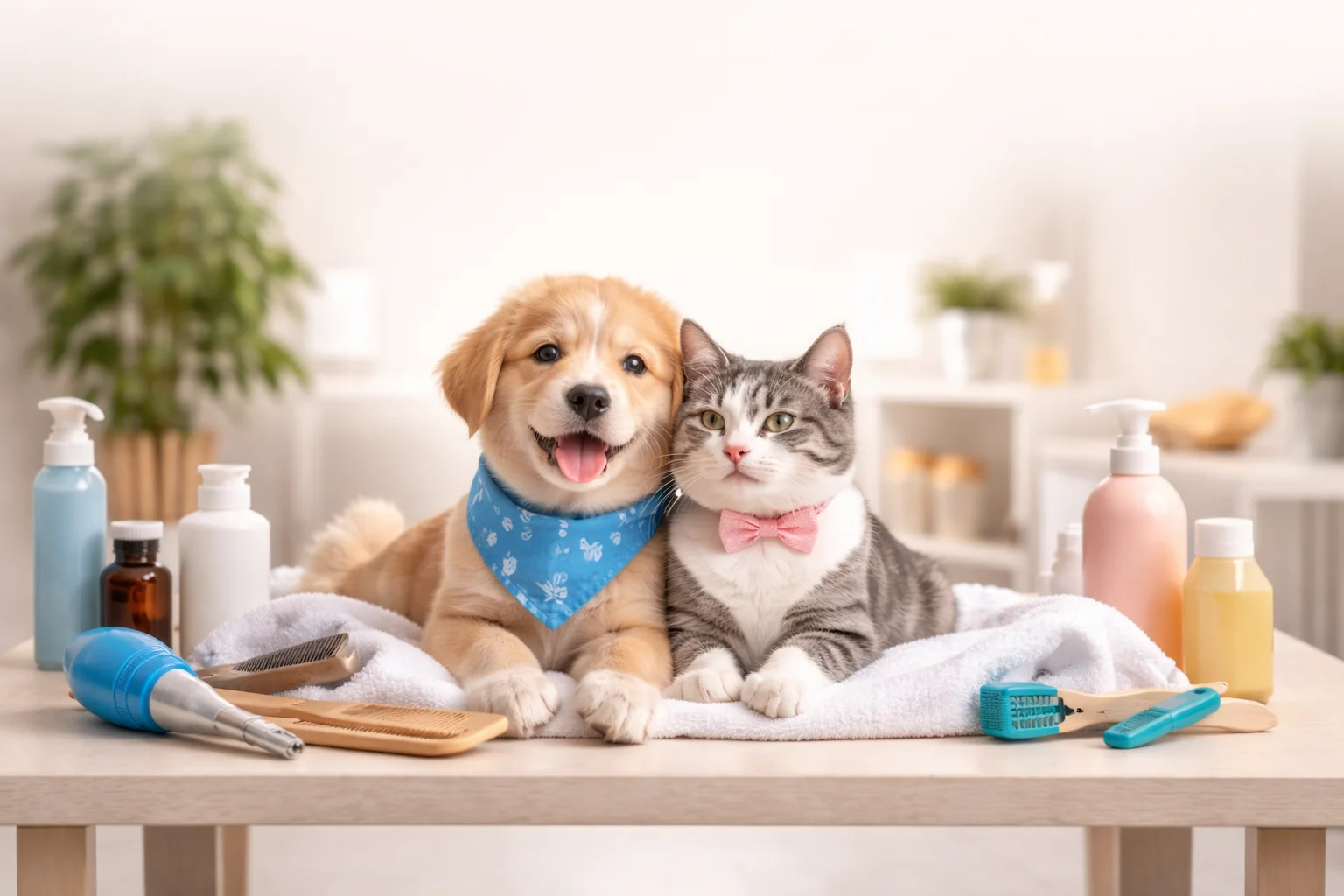 A golden puppy and a cat together in a bright pet grooming salon
