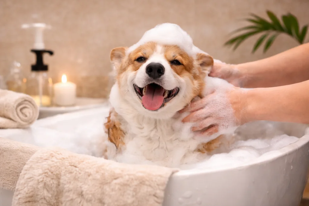 A dog enjoying a gentle bath at the pet spa