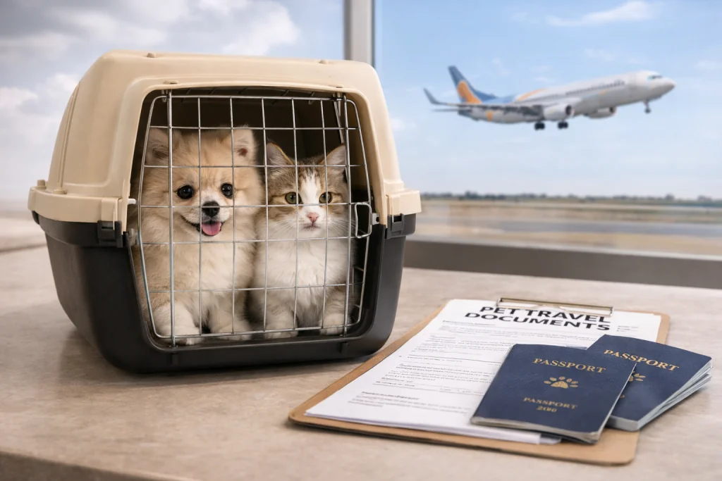 Pets ready for a comfortable journey in travel carriers